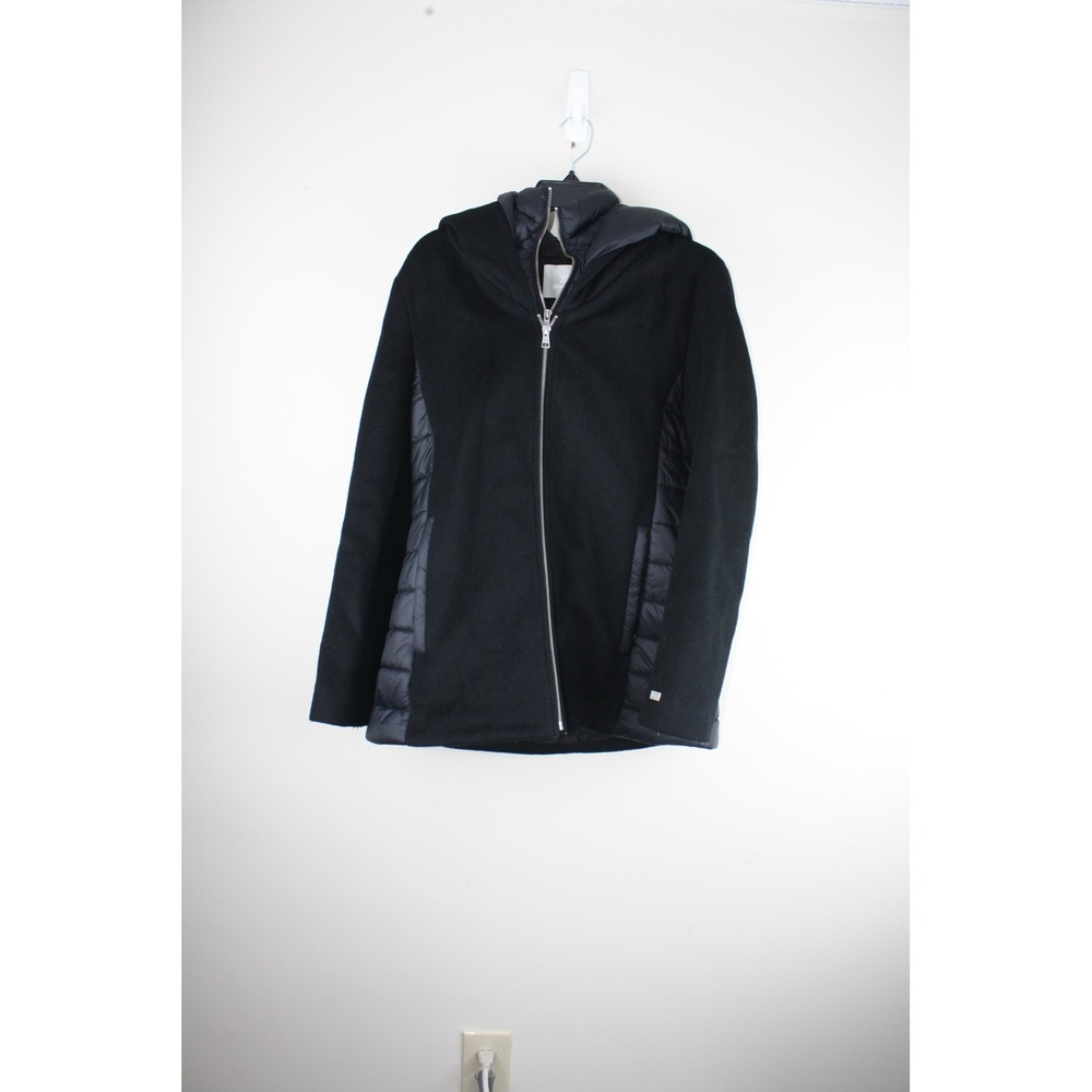 Soia & Kyo Black Wool Blend Mixed Media Puffer Bib Hooded Jacket Coat Large